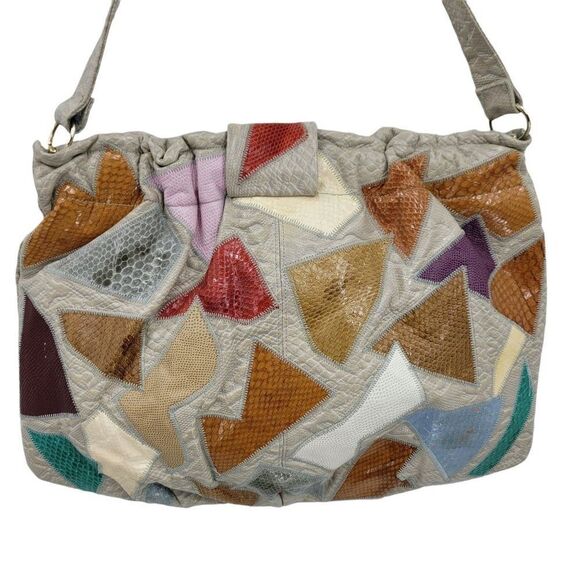 Vtg 80's Caprice Shoulder Bag Leather Boho Funky Patchwork Multicolor Large Gray - Picture 7 of 16